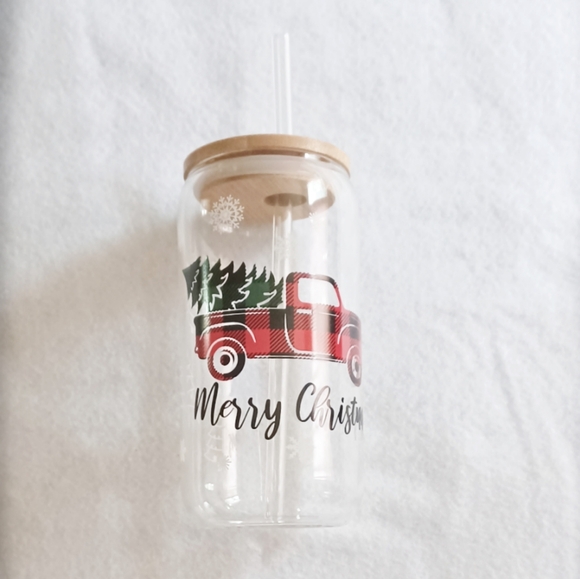 Merry Christmas glass cup with straw - Picture 1 of 2